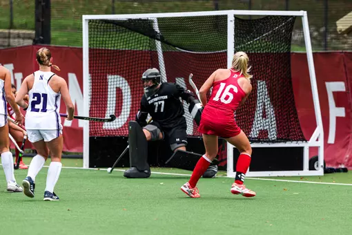 BLOOMINGTON, IN - October 16, 2026 - forward Mijntje Hagen #16 of the Indiana Hoosiers during the game between Northwestern and the Indiana Hoosiers at Deborah Tobias Field in Bloomington, IN. Photo By Sophia Kaplan/ Indiana Athletics