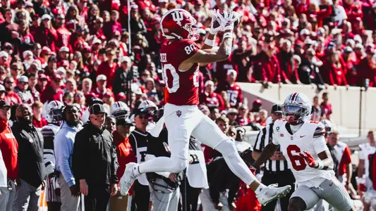 BLOOMINGTON, IN - October 17, 2026 - wide receiver Charlie Becker #80 of the Indiana Hoosiers during the game between the Ohio State Buckeyes and the Indiana Hoosiers at Merchants Bank Field at Memorial Stadium in Bloomington, IN. Photo By Luke Miller/Indiana Athletics