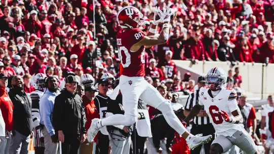 BLOOMINGTON, IN - October 17, 2026 - wide receiver Charlie Becker #80 of the Indiana Hoosiers during the game between the Ohio State Buckeyes and the Indiana Hoosiers at Merchants Bank Field at Memorial Stadium in Bloomington, IN. Photo By Luke Miller/Indiana Athletics
