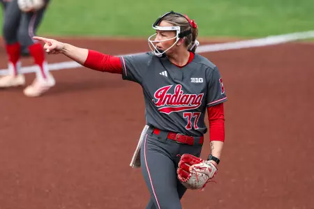 BLOOMINGTON, IN - March 14, 2026 - pitcher Ella Troutt #77 of the Indiana Hoosiers during the game between the Rutgers Scarlet Knights and the Indiana Hoosiers at Andy Mohr Field in Bloomington, IN. Photo By Spencer Meyer/Indiana Athletics