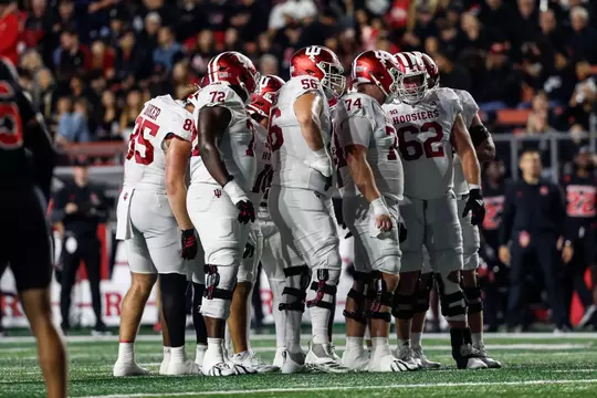 BLOOMINGTON, IN - October 03, 2026 - offensive lineman Adedamola Ajani #72 of the Indiana Hoosiers, offensive lineman Joe Brunner #56 of the Indiana Hoosiers and offensive lineman Bray Lynch #74 of the Indiana Hoosiers during the game between the Rutgers Scarlet Knights and the Indiana Hoosiers at SHI Stadium in Piscataway, NJ. Photo By Dani Meersman/Indiana Athletics