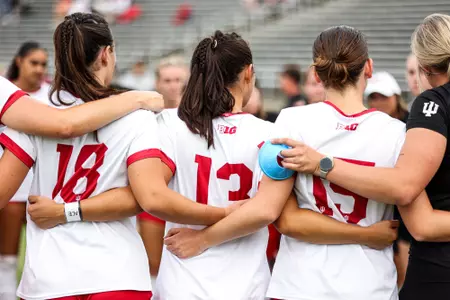 BLOOMINGTON, IN - August 21, 2025 - Midfielder Krista Murphy #18 of the Indiana Hoosiers, Midfielder Paige Droner #13 of the Indiana Hoosiers and Defender Mary Kate Sullivan #15 of the Indiana Hoosiers after the game between the Ball State Cardinals and the Indiana Hoosiers at Bill Armstrong Stadium in Bloomington, IN. Photo By Emma Pearce/Indiana Athletics