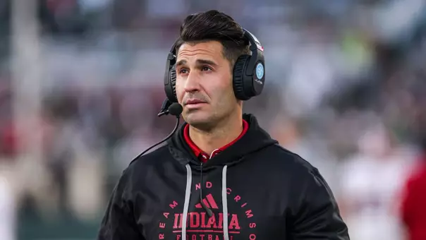 EAST LANSING, MI - November 2, 2024 - Indiana Hoosiers Co-Offensive Coordinator and Quarterbacks Coach Tino Sunseri during the game between the Michigan State Spartans and the Indiana Hoosiers at Spartan Stadium in East Lansing, Michigan. Photo By Dani Meersman/Indiana Athletics
