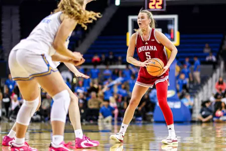 LOS ANGELES, CA - February 15, 2026 - guard Lenée Beaumont #5 of the Indiana Hoosiers during the game between the UCLA Bruins and the Indiana Hoosiers at Pauley Pavillion in Los Angeles, CA. Photo By Maddi Sponsel/Indiana Athletics