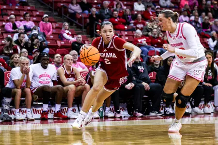 MADISON, WI - February 4, 2026 - guard Nevaeh Caffey #2 of the Indiana Hoosiers during the game between the Wisconsin Badgers and the Indiana Hoosiers at Kohl Center in Madison, WI. Photo By Maddi Sponsel/Indiana Athletics