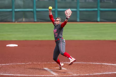 BLOOMINGTON, IN - March 14, 2026 - pitcher Ella Troutt #77 of the Indiana Hoosiers during the game between the Rutgers Scarlet Knights and the Indiana Hoosiers at Andy Mohr Field in Bloomington, IN. Photo By Spencer Meyer/Indiana Athletics