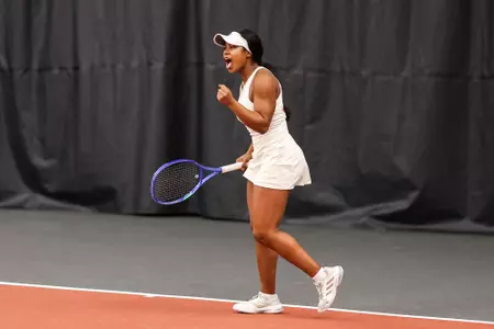 BLOOMINGTON, IN - March 15, 2026 - Ameia Sorey of the Indiana Hoosiers during the meet between the Minnesota Golden Gophers and the Indiana Hoosiers at IU Tennis Center in Bloomington, IN. Photo By Spencer Meyer/Indiana Athletics
