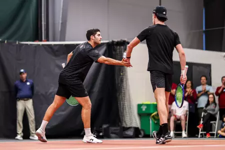 Jip van Assendelft and Sam Landau during the meet between the UCLA Brins and the Indiana Hoosiers at IU Tennis Center in Bloomington, IN.