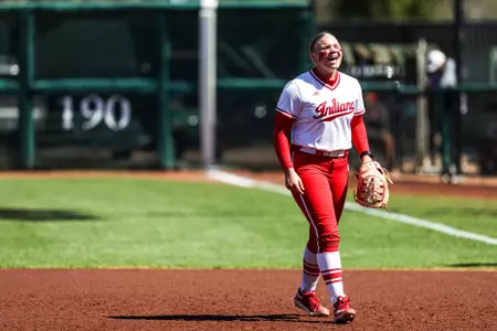 BLOOMINGTON, IN - March 28, 2026 - catcher/infielder #30 Josie Bird of the Indiana Hoosiers during the game between the Detroit Mercy Titans and the Indiana Hoosiers at Andy Mohr Field in Bloomington, IN. Photo By Benjamin Harper/Indiana Athletics