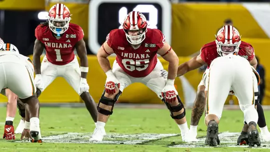 MIAMI, FL - January 19, 2026 - offensive lineman Carter Smith #65 of the Indiana Hoosiers and tight end Riley Nowakowski #37 of the Indiana Hoosiers during the National Championship game against the Miami Hurricanes and the Indiana Hoosiers at Hard Rock Stadium in Miami, FL. Photo By Dani Meersman/Indiana Athletics