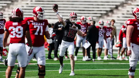 BLOOMINGTON, IN - April 11, 2026 - quarterback Tyler Cherry #15 of the Indiana Hoosiers during practice at Merchants Bank Field at Memorial Stadium in Bloomington, IN. Photo By Luke Miller/Indiana Athletics