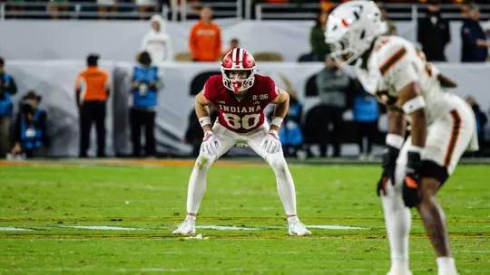 Miami, FL - January 19, 2026 - wide receiver Charlie Becker #80 of the Indiana Hoosiers during the National Championship game between the Miami Hurricanes and the Indiana Hoosiers at Hard Rock Stadium in Miami, FL. Photo By Luke Miller/Indiana Athletics