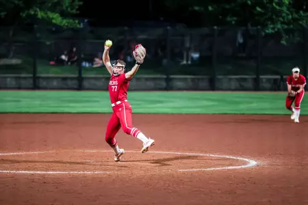 BLOOMINGTON, IN - April 15, 2026 - pitcher Ella Troutt #77 of the Indiana Hoosiers during the game between the Louisville Cardinals and the Indiana Hoosiers at Don Dobina Field at Ulmer Stadium. Photo By Emma Pearce/Indiana Athletics