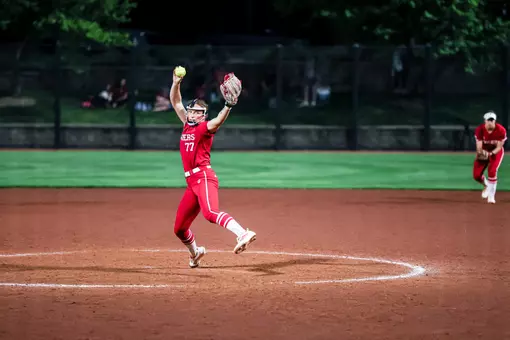 BLOOMINGTON, IN - April 15, 2026 - pitcher Ella Troutt #77 of the Indiana Hoosiers during the game between the Louisville Cardinals and the Indiana Hoosiers at Don Dobina Field at Ulmer Stadium. Photo By Emma Pearce/Indiana Athletics
