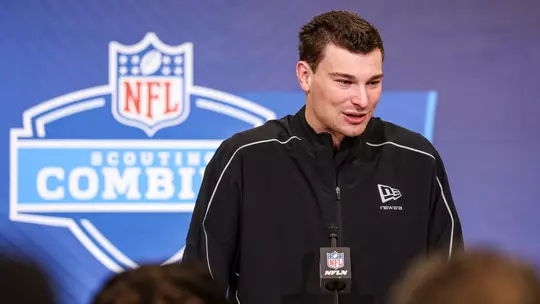 INDIANAPOLIS, IN - February 27, 2026 - quarterback Fernando Mendoza #15 of the Indiana Hoosiers during the NFL Combine at Lucas Oil Stadium in Indianapolis, IN. Photo By Dani Meersman/Indiana Athletics