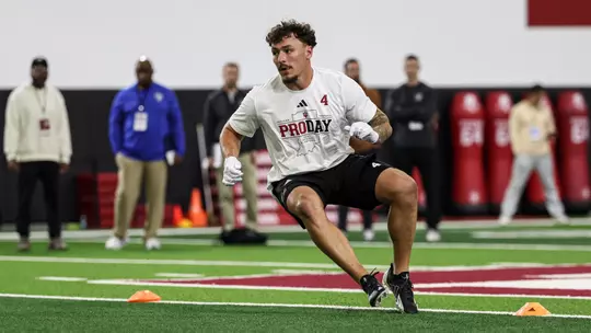 BLOOMINGTON, IN - April 01, 2026 - linebacker Aiden Fisher #4 of the Indiana Hoosiers during Pro Day at John Mellencamp Pavilion in Bloomington, IN Photo By Dani Meersman/Indiana Athletics