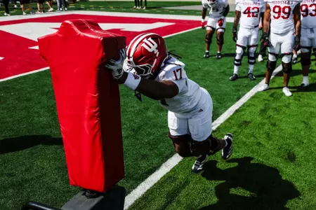 BLOOMINGTON, IN - April 11, 2026 - defensive lineman Daniel Ndukwe #17 of the Indiana Hoosiers during practice at Merchants Bank Field at Memorial Stadium in Bloomington, IN. Photo By Luke Miller/Indiana Athletics