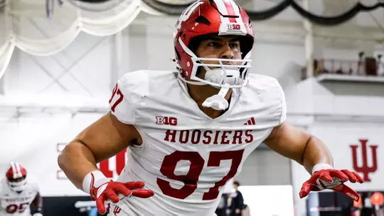 BLOOMINGTON, IN - April 18, 2026 - defensive lineman Mario Landino #97 of the Indiana Hoosiers during practice at Mellencamp Pavilion in Bloomington, IN. Photo By Dani Meersman/Indiana Athletics