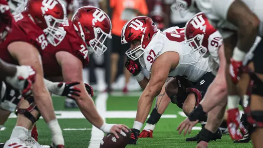 BLOOMINGTON, IN - March 26, 2026 - defensive lineman Mario Landino #97 of the Indiana Hoosiers during spring practice at John Mellencamp Pavillion in Bloomington, IN. Photo By Dani Meersman/Indiana Athletics