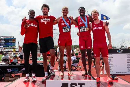 LINCOLN, NE - May 17, 2026 - Lee Martin, Alex Smith, John Colquitt, Trelee Banks, and Tyler Carrel during the 2026 Big Ten Men's and Women's Outdoor Track & Field Championships in Lincoln, NE. Photo By Peter Davis/Indiana Athletics