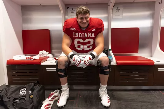 BLOOMINGTON, IN - September 20, 2025 - offensive lineman Drew Evans #62 of the Indiana Hoosiers before the game between the Illinois Fighting Illini and the Indiana Hoosiers at Merchants Bank Field at Memorial Stadium in Bloomington, IN. Photo By Dani Meersman/Indiana Athletics