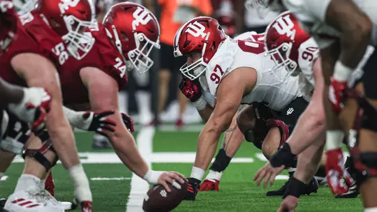 BLOOMINGTON, IN - March 26, 2026 - defensive lineman Mario Landino #97 of the Indiana Hoosiers during spring practice at John Mellencamp Pavillion in Bloomington, IN. Photo By Dani Meersman/Indiana Athletics