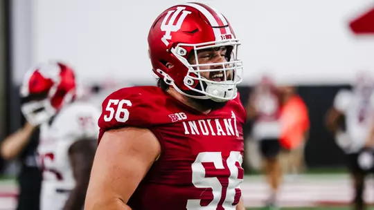 BLOOMINGTON, IN - August 10, 2026 - offensive lineman Joe Brunner #56 of the Indiana Hoosiers during practice at Mellencamp Pavilion in Bloomington, IN. Photo By Luke Miller/Indiana Athletics