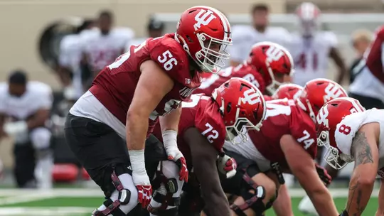 BLOOMINGTON, IN - August 11, 2026 - offensive lineman Joe Brunner #56 of the Indiana Hoosiers during practice at Merchants Bank Field at Memorial Stadium in Bloomington, IN. Photo By Dani Meersman/Indiana Athletics