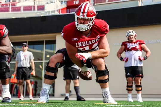 BLOOMINGTON, IN - August 08, 2026 - offensive lineman Bray Lynch #74 of the Indiana Hoosiers during the practice at Merchants Bank Field at Memorial Stadium in Bloomington, IN. Photo By Peter Davis/Indiana Athletics