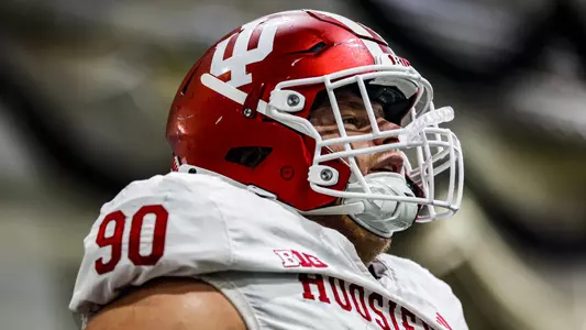 BLOOMINGTON, IN - August 14, 2026 - defensive lineman Joe Hjelle #90 of the Indiana Hoosiers during practice at Merchants Bank Field at Memorial Stadium in Bloomington, IN. Photo By Sophia Kaplan/Indiana Athletics