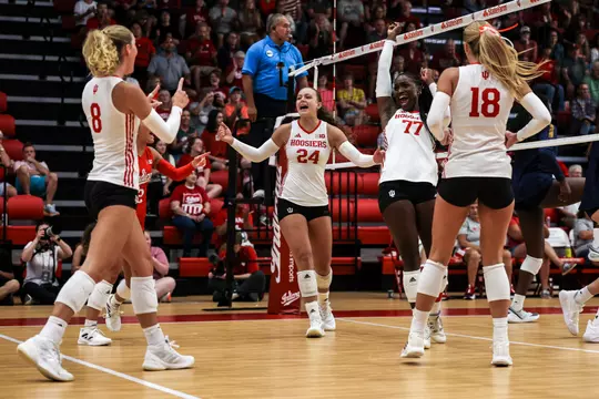 BLOOMINGTON, IN - August 14, 2026 - middle blocker Kiki Granberry #77 of the Indiana Hoosiers and outside hitter Jaidyn Jager #24 of the Indiana Hoosiers and opposite hitter Avery Daum #18 of the Indiana Hoosiers and setter Luca Fickell #8 of the Indiana Hoosiers and defensive specialist Avery Freeman #2 of the Indiana Hoosiers during the game between the Notre Dame Fighting Irish and the Indiana Hoosiers at Wilkinson Hall in Bloomington, IN. Photo By Easton Zelinsky / Indiana Athletics
