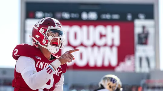 BLOOMINGTON, IN - October 26, 2024 - quarterback Tayven Jackson #2 of the Indiana Hoosiers during the game between the Washington Huskies and the Indiana Hoosiers at Memorial Stadium in Bloomington, Indiana. Photo By Kate Petersen/Indiana Athletics
