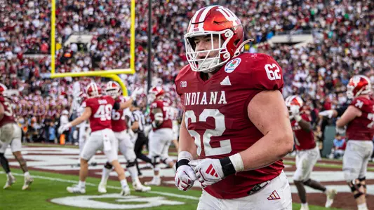 PASADENA, CA - January 1, 2026 - offensive lineman Drew Evans #62 of the Indiana Hoosiers during the Rose Bowl Game against the Alabama Crimson Tide and the Indiana Hoosiers at the Rose Bowl Stadium in Pasadena, CA. Photo By Dani Meersman/Indiana Athletics