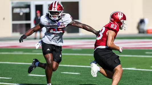 BLOOMINGTON, IN - August 18, 2026 - defensive back Kasmir Hicks #27 of the Indiana Hoosiers and wide receiver Hunter Stroud #83 of the Indiana Hoosiers during practice at Merchants Bank Field at Memorial Stadium in Bloomington, IN. Photo By Dani Meersman/Indiana Athletics