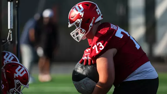 BLOOMINGTON, IN - August 10, 2026 - offensive lineman Luke Graham #73 of the Indiana Hoosiers during practice at Mellencamp Practice Field in Bloomington, IN. Photo By Dani Meersman/Indiana Athletics