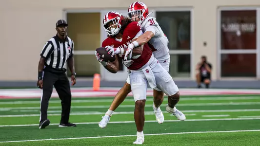 BLOOMINGTON, IN - August 15, 2026 - tight end Trevor Gibbs #39 of the Indiana Hoosiers and defensive back Anthony Chung #31 of the Indiana Hoosiers during practice at Merchants Bank Field at Memorial Stadium in Bloomington, IN. Photo By Dani Meersman/Indiana Athletics