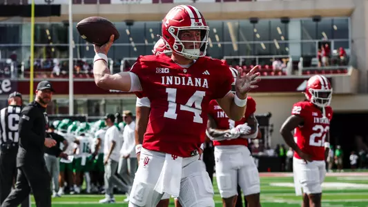 BLOOMINGTON, IN - September 05, 2026 - quarterback Maverick Geske #14 of the Indiana Hoosiers during the game between the North Texas Mean Green and the Indiana Hoosiers at Merchants Bank Field at Memorial Stadium in Bloomington, IN. Photo By Luke Miller/Indiana Athletics