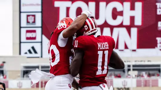 BLOOMINGTON, IN - September 12, 2026 - running back Sean Cuono #20 of the Indiana Hoosiers and wide receiver Nick Marsh #11 of the Indiana Hoosiers during the game between the Howard Bisons and the Indiana Hoosiers at Merchants Bank Field at Memorial Stadium in Bloomington, IN. Photo By Luke Miller/Indiana Athletics