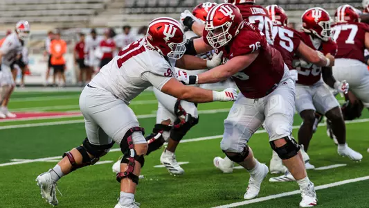 BLOOMINGTON, IN - August 15, 2026 - defensive lineman Blake Smythe #91 of the Indiana Hoosiers and offensive lineman Kenton Mondeau #76 of the Indiana Hoosiers during practice at Merchants Bank Field at Memorial Stadium in Bloomington, IN. Photo By Dani Meersman/Indiana Athletics
