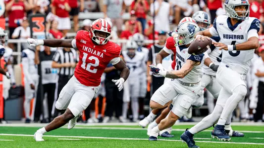 BLOOMINGTON, IN - September 12, 2026 - defensive lineman Tobi Osunsanmi #12 of the Indiana Hoosiers during the game between the Howard Bisons and the Indiana Hoosiers at Merchants Bank Field at Memorial Stadium in Bloomington, IN. Photo By Dani Meersman/Indiana Athletics