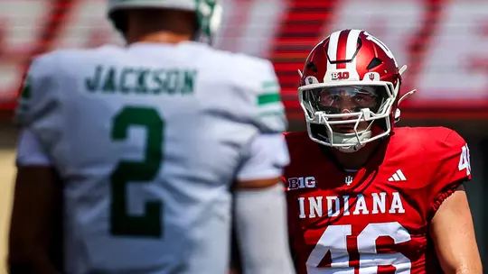 BLOOMINGTON, IN - September 05, 2026 - linebacker Isaiah Jones #46 of the Indiana Hoosiers during the game between the North Texas Mean Green and the Indiana Hoosiers at Merchants Bank Field at Memorial Stadium in Bloomington, IN. Photo By Peter Davis/Indiana Athletics