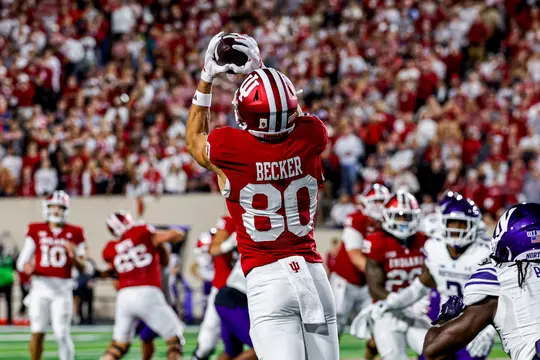 BLOOMINGTON, IN - September 25, 2026 - wide receiver Charlie Becker #80 of the Indiana Hoosiers during the game between the Northwestern Wildcats and the Indiana Hoosiers at Merchants Bank Field at Memorial Stadium in Bloomington, IN. Photo By Indiana Athletics