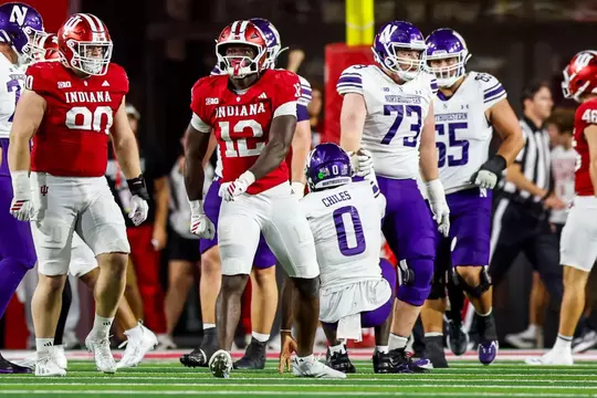 BLOOMINGTON, IN - September 25, 2026 - defensive lineman Tobi Osunsanmi #12 of the Indiana Hoosiers during the game between the Northwestern Wildcats and the Indiana Hoosiers at Merchants Bank Field at Memorial Stadium in Bloomington, IN. Photo By Easton Zelinsky / Indiana Athletics