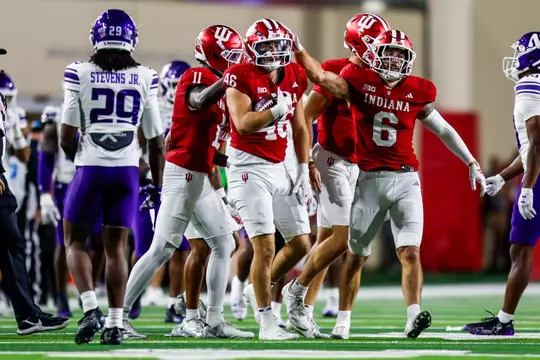 BLOOMINGTON, IN - September 25, 2026 - linebacker Isaiah Jones #46 of the Indiana Hoosiers and defensive back Preston Zachman #6 of the Indiana Hoosiers during the game between the Northwestern Wildcats and the Indiana Hoosiers at Merchants Bank Field at Memorial Stadium in Bloomington, IN. Photo By Easton Zelinsky / Indiana Athletics