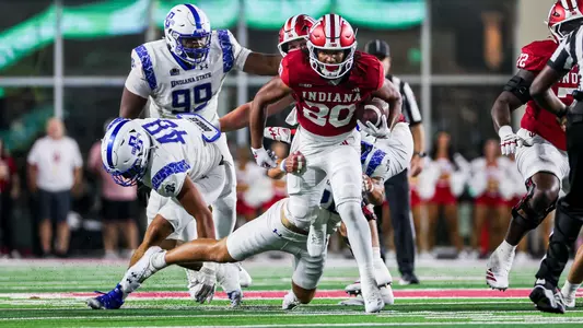 BLOOMINGTON, IN - September 12, 2025 - running back Sean Cuono #20 of the Indiana Hoosiers during the game between the Indiana State Sycamores and the Indiana Hoosiers at Merchants Bank Field at Memorial Stadium in Bloomington, IN. Photo By Dani Meersman/Indiana Athletics
