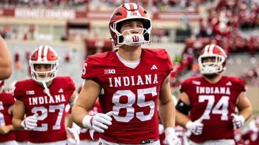BLOOMINGTON, IN - October 18, 2025 - tight end Andrew Barker #85 of the Indiana Hoosiers before the game between the Michigan State Spartans and the Indiana Hoosiers at Merchants Bank Field at Memorial Stadium in Bloomington, IN. Photo By Dani Meersman/Indiana Athletics