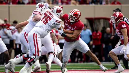 BLOOMINGTON, IN - November 15, 2025 - defensive lineman Stephen Daley #8 of the Indiana Hoosiers during the game between the Wisconsin Badgers and the Indiana Hoosiers at Merchants Bank Field at Memorial Stadium in Bloomington, IN. Photo By Dani Meersman/Indiana Athletics
