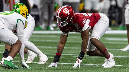 ATLANTA, GA - January 09, 2026 - defensive lineman Tyrone Burrus Jr. #99 of the Indiana Hoosiers during the Peach Bowl game between the Oregon Ducks and the Indiana Hoosiers at Mercedes-Benz Stadium in Atlanta, GA. Photo By Dani Meersman/Indiana Athletics