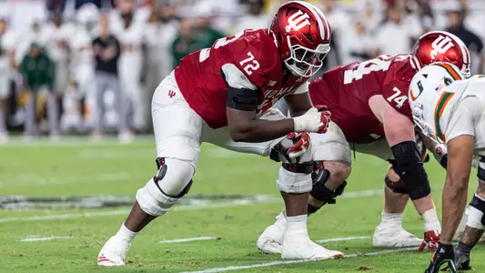 MIAMI, FL - January 19, 2026 - offensive lineman Adedamola Ajani #72 of the Indiana Hoosiers during the National Championship game against the Miami Hurricanes and the Indiana Hoosiers at Hard Rock Stadium in Miami, FL. Photo By Dani Meersman/Indiana Athletics