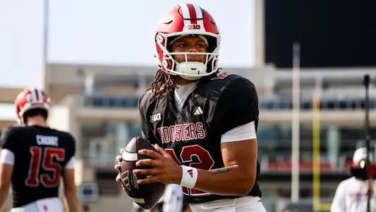 BLOOMINGTON, IN - August 13, 2026 - quarterback Jacob Bell #12 of the Indiana Hoosiers during practice at Merchants Bank Field at Memorial Stadium in Bloomington, IN. Photo By Dani Meersman/Indiana Athletics